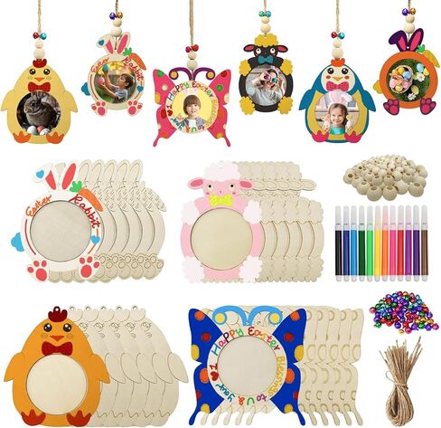 Aerwo 24pcs DIY فصح الفصح الخشبية مجموعة الحرف اليدوية ، زخارف شجرة عيد الفصح مع 12 علامة ملونة ، حرف الطلاء الخشبية غير المكتملة للأطفال الصغار البالغين العودة إلى الفنون المدرسية والحرفية in Kuwait