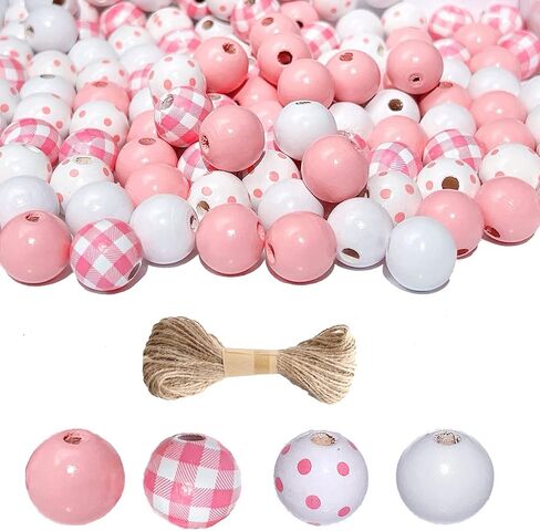 120pcs الحرف الوردية الحرف الخشبية - الوردي ، اللطيف جولة جولة بقعة بافالو من خشب الخشب المستدير - ملونة بوهو ملونة الاستوائية - الربيع الصيفي جارلاند ديي ، مع حبل 32.8 قدم in Kuwait