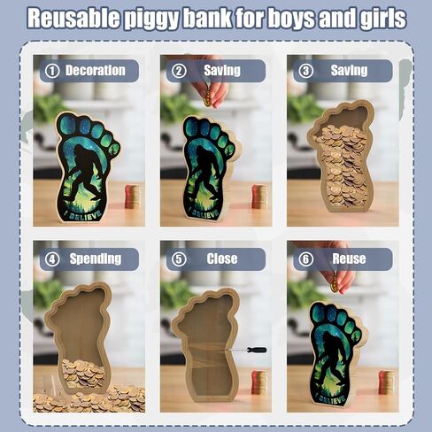 Bigfoot Piggy Bank for Kids Boys Girls ، Sasquatch Wooden Piggy Bank Money Bank مع نافذة شفافة ، هدايا متعة بنك العملات لعيد الميلاد ، عيد الميلاد ، مهرجان ، دش الطفل ، ديكور المنزل in Kuwait
