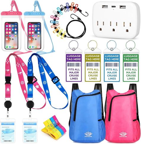 Cruise Must Haves Includes Cruise Luggage Tags, Cruise Lanyard, Waterproof Phone Bags, Travel Clothesline, Portable Backpack, Towel Clips, Power Strip for Carnival Essentials Kit (Blue and Pink) in Saudi Arabia