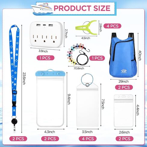 Cruise Must Haves Includes Cruise Luggage Tags, Cruise Lanyard, Waterproof Phone Bags, Travel Clothesline, Portable Backpack, Towel Clips, Power Strip for Carnival Essentials Kit (Blue and Pink) in Saudi Arabia