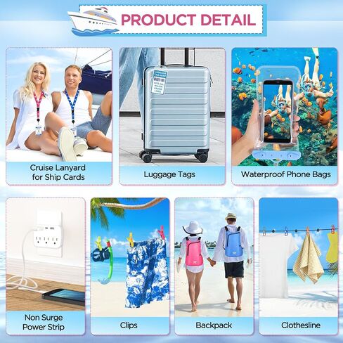 Cruise Must Haves Includes Cruise Luggage Tags, Cruise Lanyard, Waterproof Phone Bags, Travel Clothesline, Portable Backpack, Towel Clips, Power Strip for Carnival Essentials Kit (Blue and Pink) in Saudi Arabia
