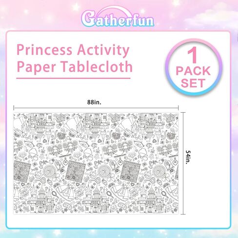 Gatherfun Princess Party Supplies Color-in Paper Paper Tableroth | 54 × 88 في ديكورات حفلات الأميرة المحددة لعيد ميلاد الأطفال والمدرسة والمناسبات الخاصة in Kuwait