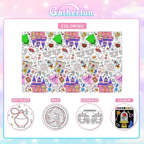 Gatherfun Princess Party Supplies Color-in Paper Paper Tableroth | 54 × 88 في ديكورات حفلات الأميرة المحددة لعيد ميلاد الأطفال والمدرسة والمناسبات الخاصة in Kuwait