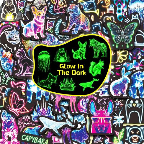 Neon Water Bottle Stickers for Kids Glow in The Dark, 60 PCS Vinyl Waterproof Stickers Pack for Laptop Skateboard Phone Case, Cute Neon Animals Decals for Teens in Saudi Arabia