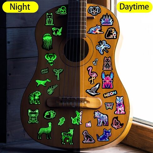 Neon Water Bottle Stickers for Kids Glow in The Dark, 60 PCS Vinyl Waterproof Stickers Pack for Laptop Skateboard Phone Case, Cute Neon Animals Decals for Teens in Saudi Arabia