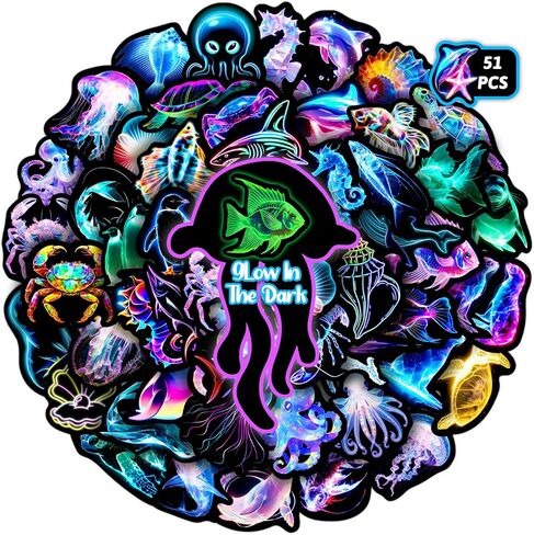 Neon Water Bottle Stickers for Kids Glow in The Dark, 60 PCS Vinyl Waterproof Stickers Pack for Laptop Skateboard Phone Case, Cute Neon Animals Decals for Teens in Saudi Arabia