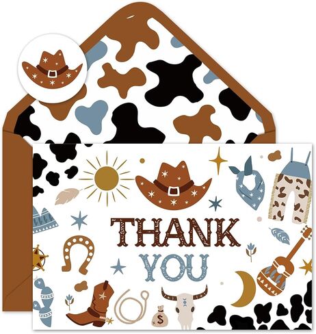 Whaline 24 Pack Cowboy Thank You Cards Blue Brown Cowboy Hat Boots Cow Print Note Cards with Envelopes Stickers Western Theme Greeting Blank Cards for Birthday Baby Shower in Kuwait