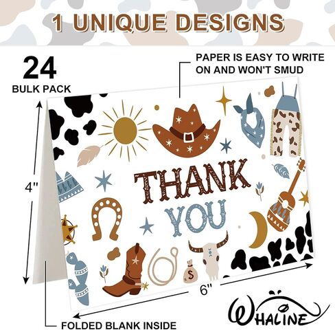Whaline 24 Pack Cowboy Thank You Cards Blue Brown Cowboy Hat Boots Cow Print Note Cards with Envelopes Stickers Western Theme Greeting Blank Cards for Birthday Baby Shower in Kuwait