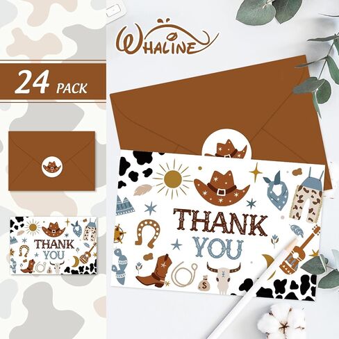 Whaline 24 Pack Cowboy Thank You Cards Blue Brown Cowboy Hat Boots Cow Print Note Cards with Envelopes Stickers Western Theme Greeting Blank Cards for Birthday Baby Shower in Kuwait