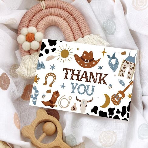 Whaline 24 Pack Cowboy Thank You Cards Blue Brown Cowboy Hat Boots Cow Print Note Cards with Envelopes Stickers Western Theme Greeting Blank Cards for Birthday Baby Shower in Kuwait