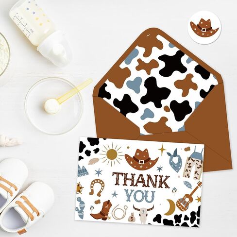 Whaline 24 Pack Cowboy Thank You Cards Blue Brown Cowboy Hat Boots Cow Print Note Cards with Envelopes Stickers Western Theme Greeting Blank Cards for Birthday Baby Shower in Kuwait