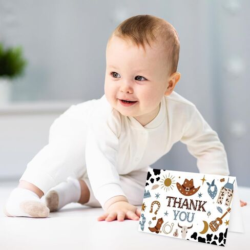 Whaline 24 Pack Cowboy Thank You Cards Blue Brown Cowboy Hat Boots Cow Print Note Cards with Envelopes Stickers Western Theme Greeting Blank Cards for Birthday Baby Shower in Kuwait