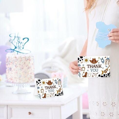 Whaline 24 Pack Cowboy Thank You Cards Blue Brown Cowboy Hat Boots Cow Print Note Cards with Envelopes Stickers Western Theme Greeting Blank Cards for Birthday Baby Shower in Kuwait