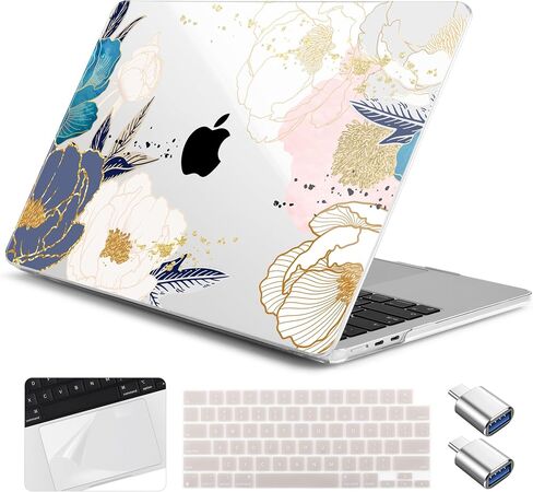 for M1 MacBook Air 13 inch Case 2021 2020 2019 2018 Model A2337/A2179/A1932, Laptop Hard Shell Case with Keyboard Cover & Trackpad Protector & 2 OTG Adapters, Abstract Peony in Saudi Arabia