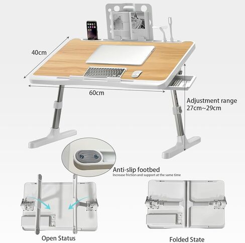 Laptop Desk for Bed, Adjustable Bed Table with USB Charge Port, Foldable Laptop Table with Storage Drawer, Portable Laptop Bed Desk Tray for Eating Working Writing Reading (Silver) in Saudi Arabia