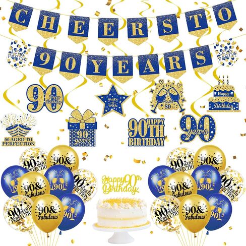 Blue Gold 90th Birthday Decorations for Men Blue Gold 90th Birthday Banner Hanging Swirls Navy Blue Gold 90th Birthday Balloons 90th Birthday Cake Topper for Men Women 90th Birthday Party Supplies in Saudi Arabia