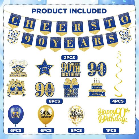 Blue Gold 90th Birthday Decorations for Men Blue Gold 90th Birthday Banner Hanging Swirls Navy Blue Gold 90th Birthday Balloons 90th Birthday Cake Topper for Men Women 90th Birthday Party Supplies in Saudi Arabia
