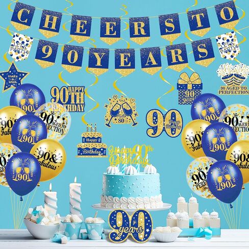 Blue Gold 90th Birthday Decorations for Men Blue Gold 90th Birthday Banner Hanging Swirls Navy Blue Gold 90th Birthday Balloons 90th Birthday Cake Topper for Men Women 90th Birthday Party Supplies in Saudi Arabia