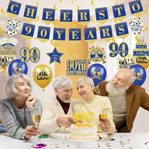 Blue Gold 90th Birthday Decorations for Men Blue Gold 90th Birthday Banner Hanging Swirls Navy Blue Gold 90th Birthday Balloons 90th Birthday Cake Topper for Men Women 90th Birthday Party Supplies in Saudi Arabia