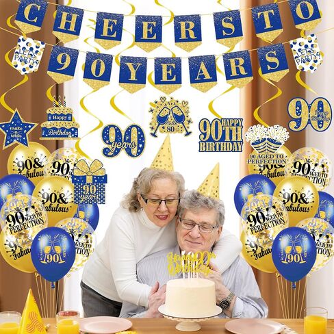 Blue Gold 90th Birthday Decorations for Men Blue Gold 90th Birthday Banner Hanging Swirls Navy Blue Gold 90th Birthday Balloons 90th Birthday Cake Topper for Men Women 90th Birthday Party Supplies in Saudi Arabia