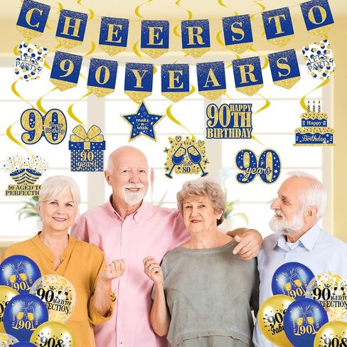 Blue Gold 90th Birthday Decorations for Men Blue Gold 90th Birthday Banner Hanging Swirls Navy Blue Gold 90th Birthday Balloons 90th Birthday Cake Topper for Men Women 90th Birthday Party Supplies in Saudi Arabia