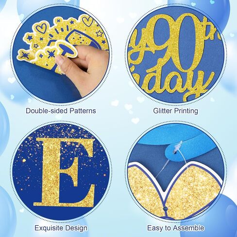 Blue Gold 90th Birthday Decorations for Men Blue Gold 90th Birthday Banner Hanging Swirls Navy Blue Gold 90th Birthday Balloons 90th Birthday Cake Topper for Men Women 90th Birthday Party Supplies in Saudi Arabia