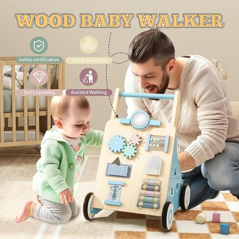 Wooden Baby Walker, Baby Push Walker Adjustable Height and Speed Multiple Learning Activity Walker Baby Walker with Wheels for Girls 6-12 Months, Pink in Saudi Arabia