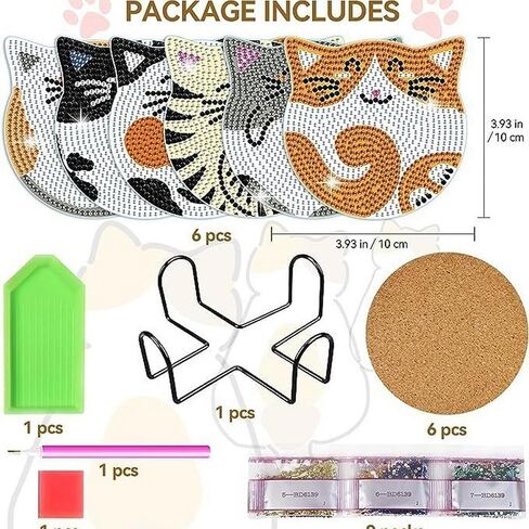 OFDNE Cute Cat Diamond Paintings Kits with Holder,6Pcs DIY Coaster Diamond Art Kits,Full Coasters Diamond Painting Kits Beginners Art Craft Supplies for Adults in Saudi Arabia