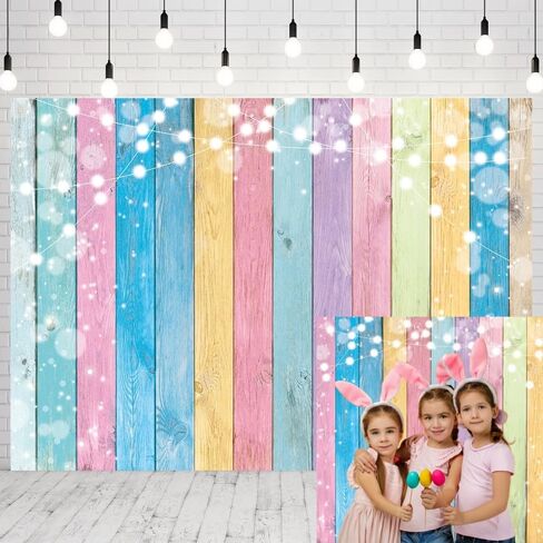 INRUI Colorful Wood Photography Background Easter Pastel Colored Wood Decorations Banner Easter Theme Kids Birthday Baby Shower Party Photo Backdrop (8x6FT) in Saudi Arabia