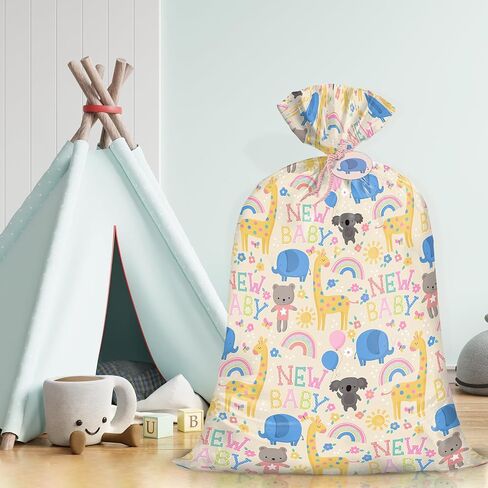 WRAPAHOLIC 56" Large Baby Shower Plastic Gift Bag - Animals & New Baby Jumbo Bike Bag Gift Wrap for Baby Shower, Kids Birthdays, Parties, Celebrating, or Any Occasion - 56" H x 36" W in Kuwait