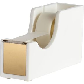 Blu Monaco Acrylic Cute White and Gold Tape Dispenser – Sleek Desktop Tape Cutter for Office & Home – Smooth Cutting Blade & Non-Slip Base – Fits Standard & Large Rolls – Desk Accessory