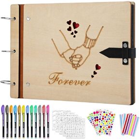 SEEHAN Love Scrapbook Wooden Photo Album"Hand in Hand" Valentines Scrap Book Memory Photo Book for Couples Anniversary, Wedding Guest Book 60 Pages