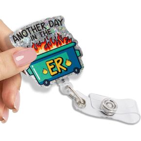 Another Day in ER Glitter Retractable Reel ID Card Clip, Funny Dumpster Fire Badge Reel Gifts for ER Nurse Doctor MA, New Nurse Grad Gifts, Thanking You Birthday Christmas Appreciate Gifts