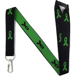 Green Awareness Ribbon Lanyard for Supporting Cerebral Palsy, Melanoma, Leukemia, Kidney Disease, Mental Health Awareness and More! Keychain and ID Holder for Keys or Badge | Durable Woven Polyester