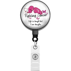 BEKECH Fighting Cancer Retractable Badge Holder Breast Cancer Fighter Gifts Butterfly Pink Ribbon Badge Clip Cancer Warrior Gift