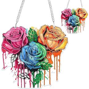 Ghkud Roses Diamond Painting Prendant Ornament للبالغين مزدوج الوجه ، زهور ملونة فن الماس معلقة ، DIY خاص بلوحة الطلاء الكريستال الماسي للأحجار الكريمة للنافذة المنزلية