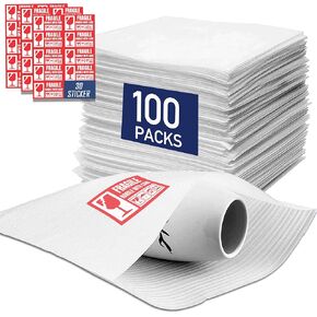 Cushion Foam Pouches 12x12 Inch (100 Pack) with 30 Fragile Stickers - 1.5mm Thick Foam Pouches for Packing Dishes, Glassware & Fragile Items - Protective Packing Sleeves for Moving, Storage & Shipping