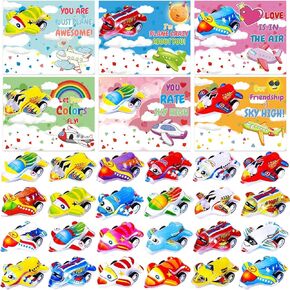 30 Pack Valentines Day Gift Cards for Kids with Pull Back Planes Toys Valentine School Classroom Exchange Gifts Prize Party Favors Supplies