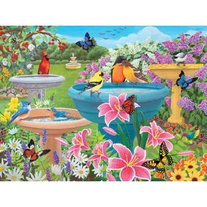 Bits and Pieces – 300 Piece Jigsaw Puzzle for Adults – Birdbath Haven - Butterfly Flower Bird Bath Spring Jigsaw Puzzle by Artist Kathy Bambeck, Completed Puzzle Size: 18" x 24"