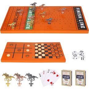 3-in-1 Horse Race Board Game &Checkers & Tic-Tac-Toe ，3 in1 Wooden Board Game Set for Kids & Adults Travel Family Foldable Horse Racing Board Game with 11 Metal Horses Interactive Strategy Game