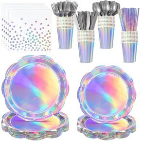 200 Pcs Iridescent Party Supplies Decorations, 25 Guest Scalloped Iridescent Plates and Napkins Holographic Paper Plates Cup Knive Plastic Silverware for Birthday, Disco Party,Mermaid Party