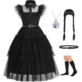 digi Halloween Wednesday Addams Costume Girls Dress,Halloween Birthday Cosplay Costumes for Kids 4-12 Years