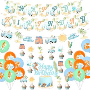 Summer Surfing Birthday Party Decorations Vintage Surfing Happy Birthday Banner Retro Surfing Cake Cupcake Toppers for Summer Hawaiian Beach Birthday Decoration Swimming Pool Hawaii Party Supplies