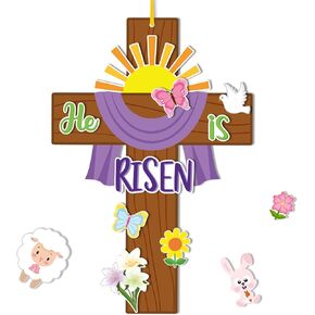 Haooryx 28 Pack Easter He is Risen Cross Craft Kit, Make Your Own Jesus Resurrection Cross Hanging Ornaments Thankful Craft for Church Sunday School Classroom Christian Easter Day Party Supply