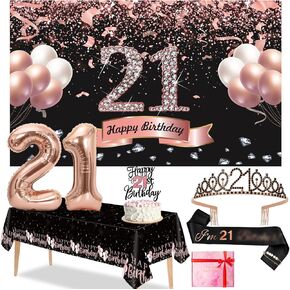 Trgowaul Black Rose Gold 21st Birthday Decorations for Women, Banner, Sash and Crown, Cake Topper, Pink 21 Number Balloons, 21 Year Old Birthday Set