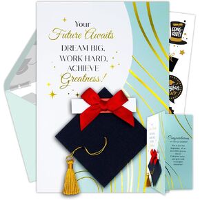 Decorably Gold Foiled 5x8in Individual Graduation Money Card with Cap and Diploma Cutouts, Gold Tassel and Ribbon, Graduation Money Holder Set with Envelope and Stickers, with Printed Message Inside