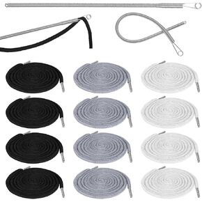12 Pcs Drawstring Cord 51 Inch Replacement Drawstring with Easy Threader Tool Drawstring Cords Hoodie Hood Cord for Sweatpants Hoodie Jackets Coats Trunks (White, Black, Gray)