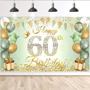 Happy 60th Birthday Decorations for Girl, Sage Green Happy Birthday Banner Backdrop, 60th Birthday Party Decorations, Sweet 60th Birthday Banner Sign Photo Background Birthday Supplies, 70.8x43.3 Inch