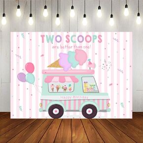 Lofaris Ice Cream Theme Truck Shop Party Backdrop Girls Pink Happy 2nd Birthday Background Little Princess Two Scoops are Better Than one Party Decorations Cake Table Banner 7x5ft